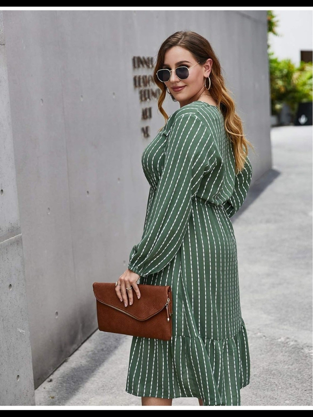 Women's Green Striped V-Neck Midi Dress - Picture 3 of 11